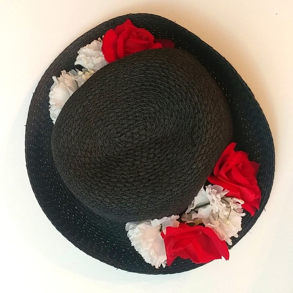 Women's Black Straw Hat w/ Red & White Flowers